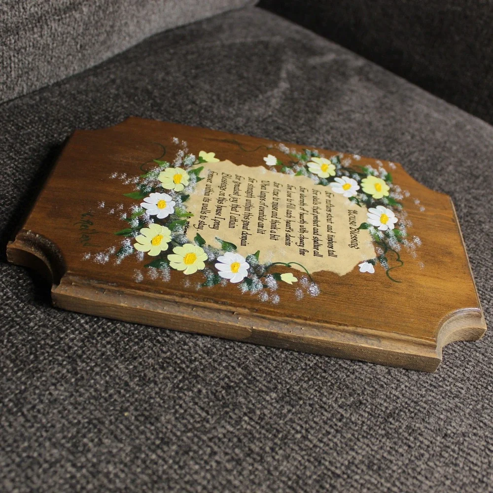 Hand Painted Wood Plaque with House Blessing Wall Decor Brown Floral Folk Art